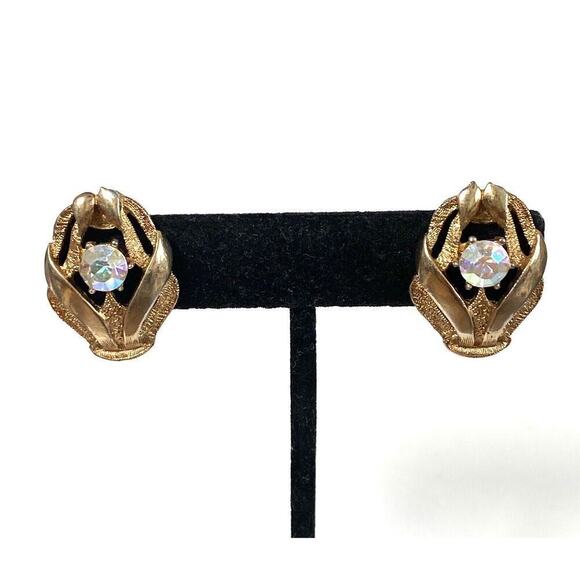 HOPE CHEST Earrings Clips Clip Ons AB Crystals Gold Tone Vintage - Picture 5 of 12